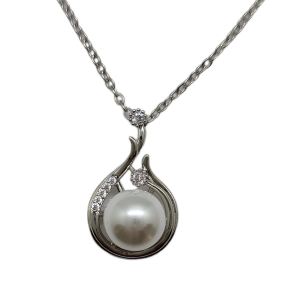 925 Sterling Silver Plated Faux Pearl Pendant Chain Necklace - Picture 8 of 13